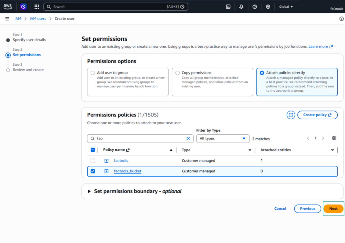 Attach the faotools_bucket policy to the Amazon S3 IAM user